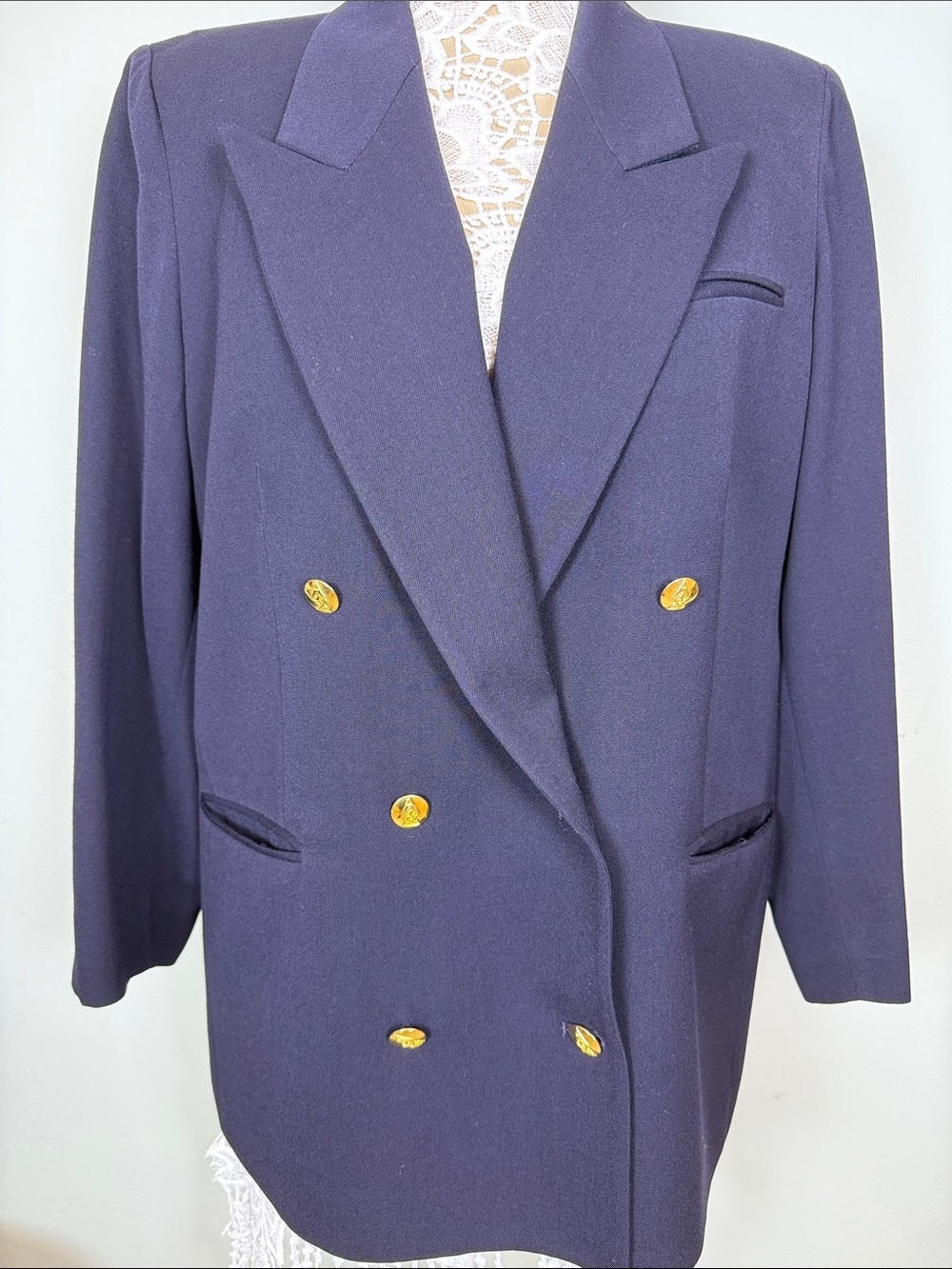 Austin Reed Petite Women's Dark Navy Double-Breasted Wool Blazer Gold Buttons 16